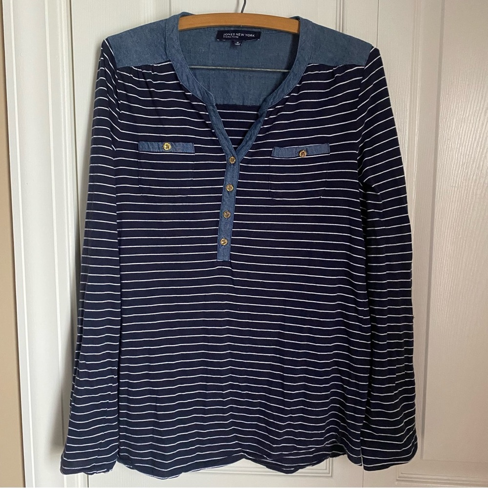 Jones New York Denim Navy Blue Stripes Lightweight Long Sleeve Shirt M Nautical